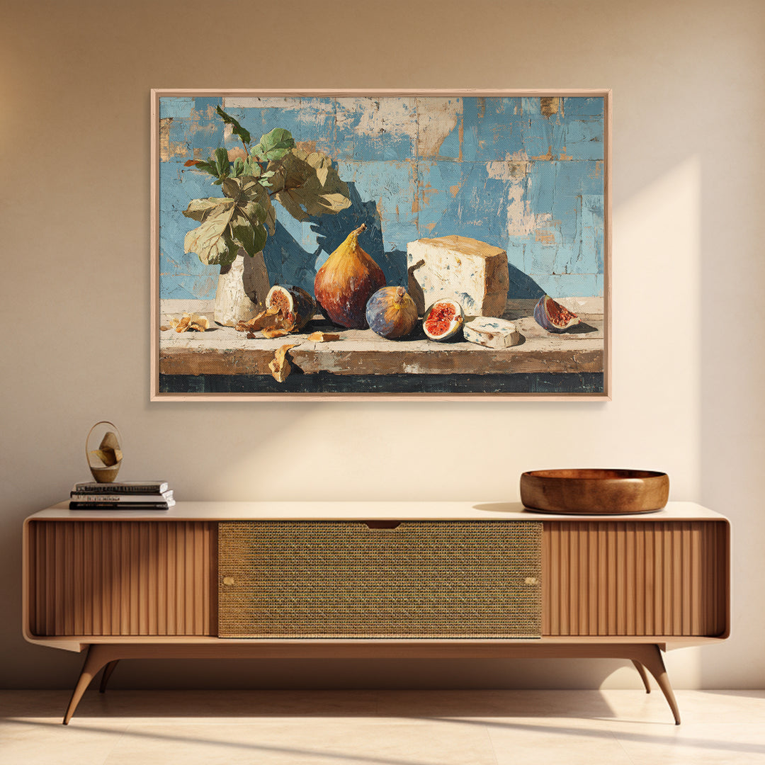 Figs and Cheese on Rustic Wooden Board Canvas Print, Italian Villa Art, Printable Wall Art, Living Room Decor, Villa, IVA-3x2-13