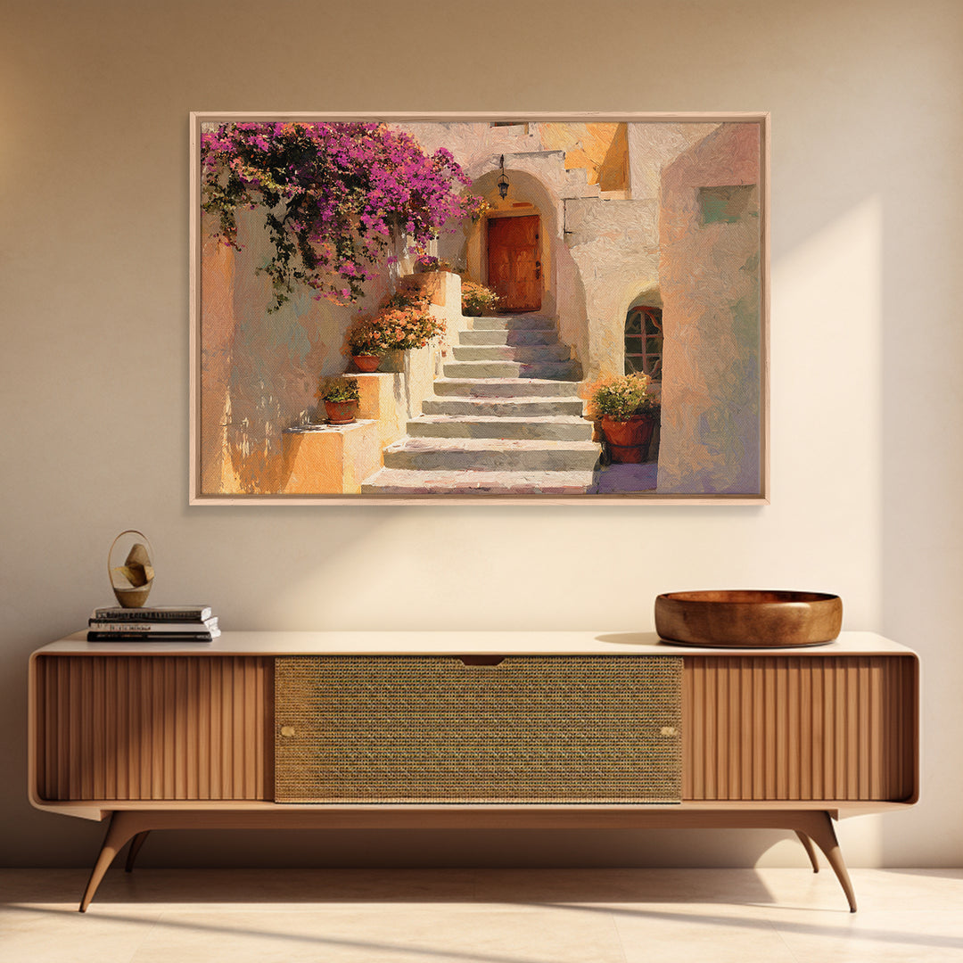 Sunlit Stone Stairway Framed Canvas Print, Italian Villa Art, Neutral Decor, Living Room Decor, Fine Art, Villa, IVA-3x2-15