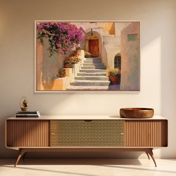 Sunlit Stone Stairway Framed Canvas Print, Italian Villa Art, Neutral Decor, Living Room Decor, Fine Art, Villa, IVA-3x2-15
