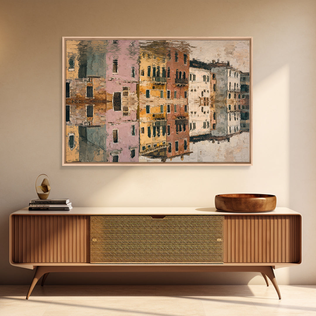 Venetian Canal Reflection Without City Crowd Canvas Print, Italian Villa Art, Textured Painting, Living Room Decor, Villa, IVA-3x2-24