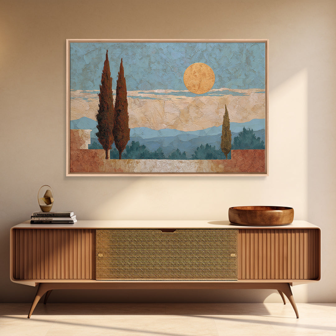 Cypress Silhouette at Sunset Framed Canvas Print, Italian Villa Art, Oil Painting, Living Room Decor, Abstract Art, Villa, IVA-3x2-25