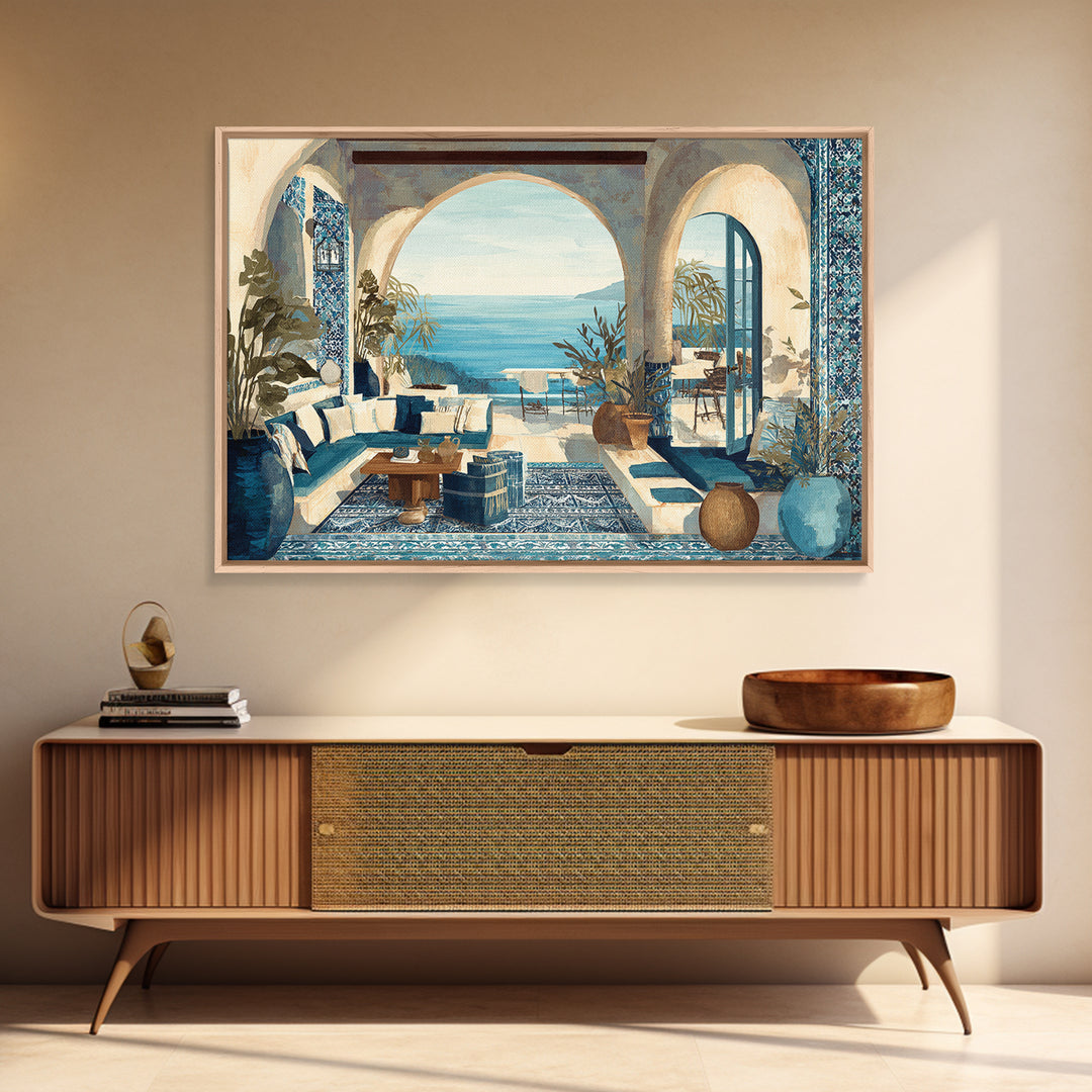Mediterranean Arch Framing Blue Sea Framed Canvas Print, Italian Villa Art, Contemporary Art, Living Room Decor, Villa, IVA-3x2-36
