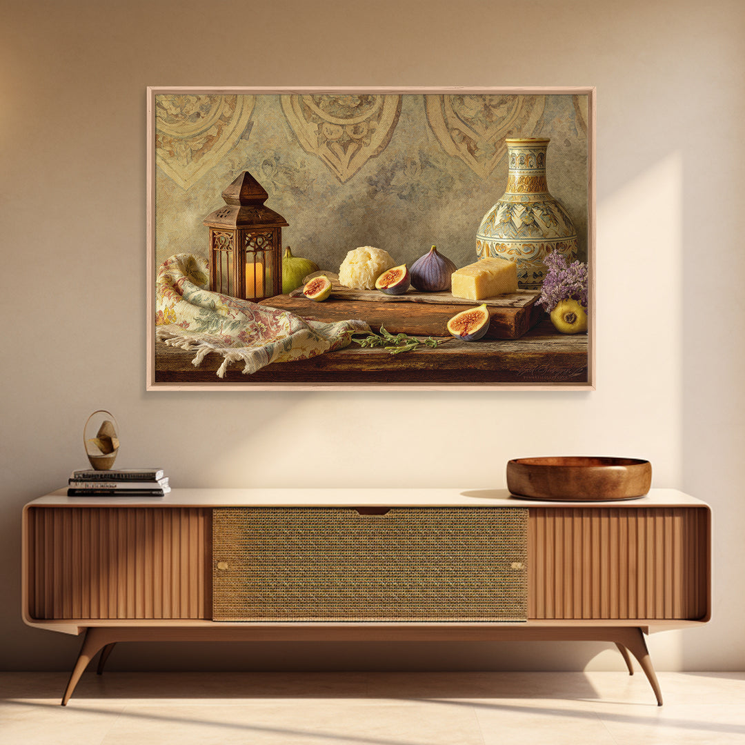 Figs and Cheese on Rustic Wooden Board Canvas Print, Italian Villa Art, Framed Wall Art, Living Room Decor, Oil Painting, Villa, IVA-3x2-37