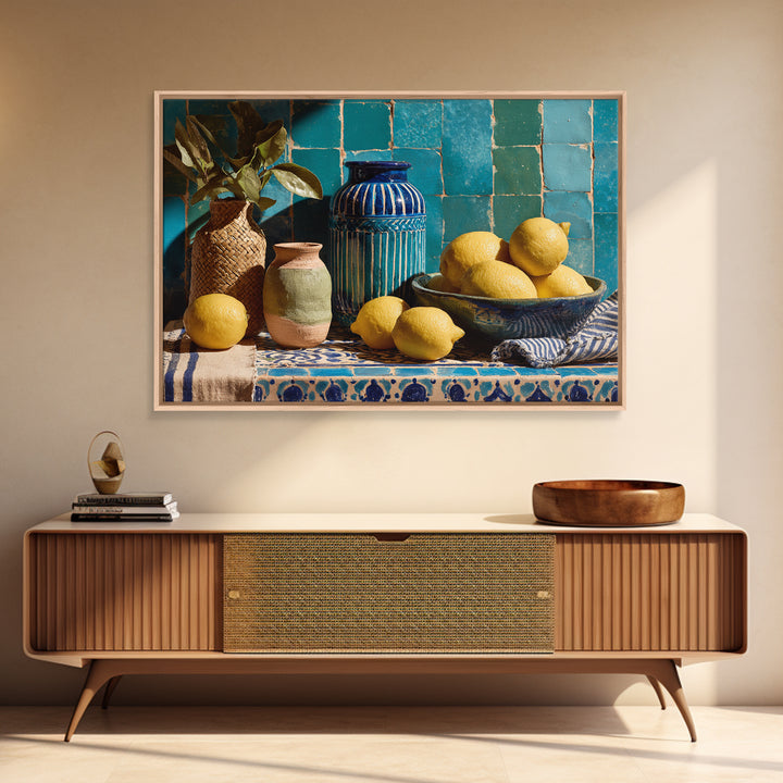 Coastal Lemons and Striped Cloth Arrangement Canvas Print, Italian Villa Art, Gallery Decor, Living Room Decor, Oil Painting, IVA-3x2-4