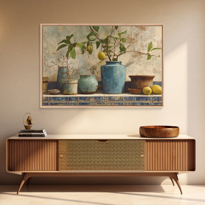 Lemon Branch in Blue Ceramic Vase Canvas Print, Italian Villa Art, Large Wall Art, Living Room Decor, Oil Painting, Villa, IVA-3x2-54