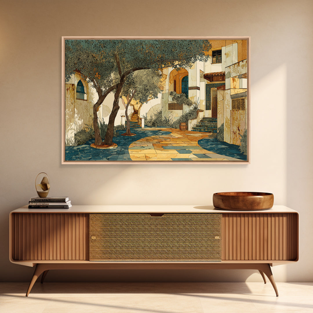 Olive Grove Path Framed Canvas Print, Italian Villa Art, Landscape Print, Living Room Decor, Oil Painting, Villa, IVA-3x2-55