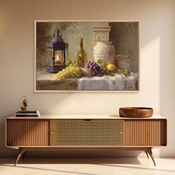 Grapevine and Wine Still Life on Linen Framed Canvas Print, Italian Villa Art, Farmhouse Wall Art, Living Room Decor, Villa, IVA-3x2-59
