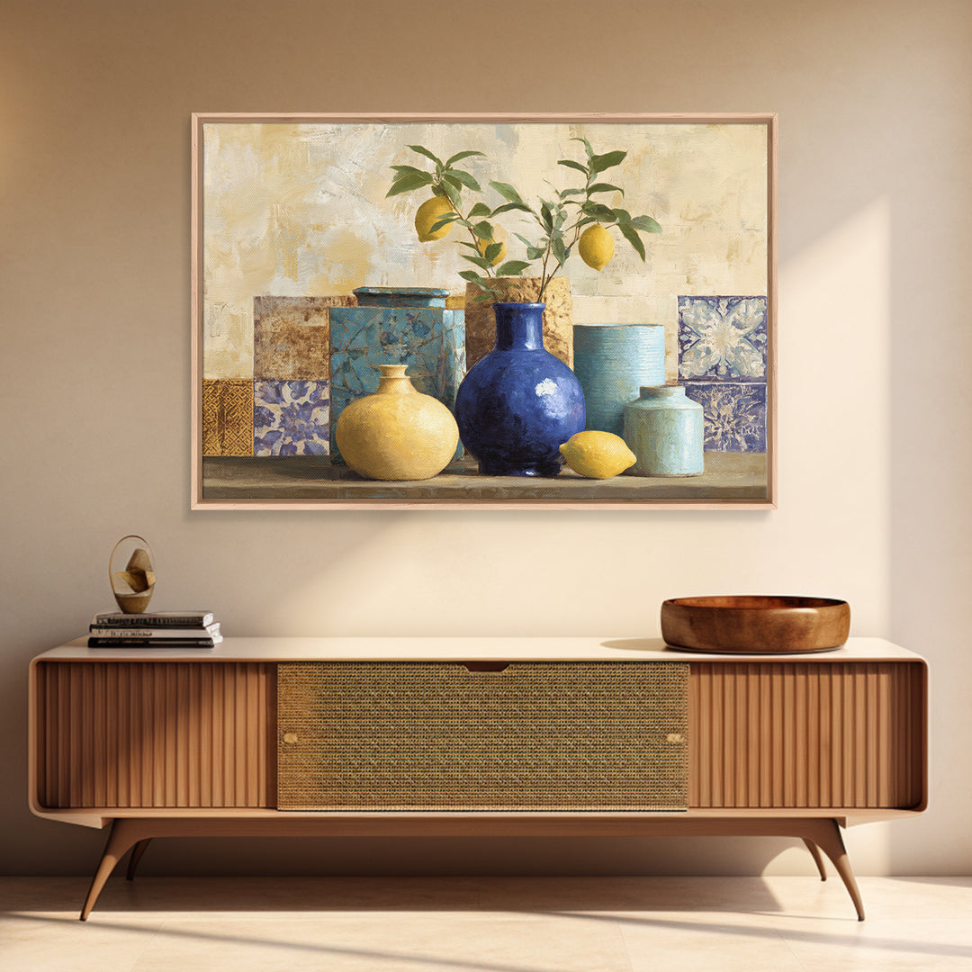 Lemon Branch in Blue Ceramic Vase Framed Canvas Print, Italian Villa Art, Contemporary Art, Living Room Decor, Fine Art, Villa, IVA-3x2-6
