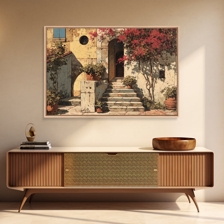 Sunlit Stone Stairway Framed Canvas Print, Italian Villa Art, Neutral Decor, Living Room Decor, Fine Art, Villa, IVA-3x2-63