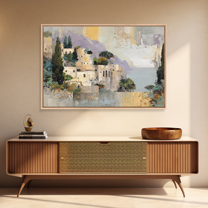 Amalfi Coast Cliffs Framed Canvas Print, Italian Villa Art, Printable Art, Living Room Decor, Watercolor Art, Villa, IVA-3x2-65