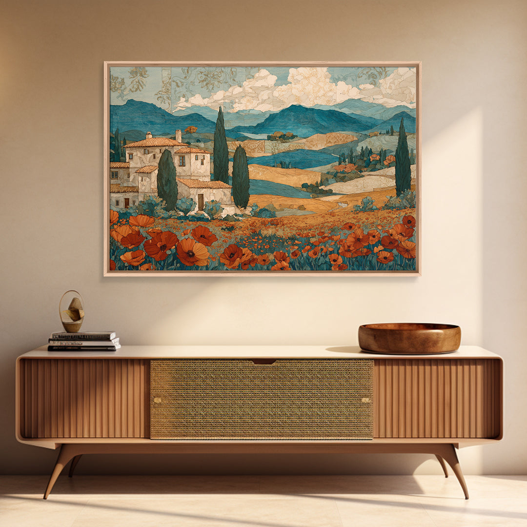 Tuscan Poppy Field Canvas Print, Italian Villa Art, Landscape Art, Living Room Decor, Watercolor Art, Villa, IVA-3x2-67