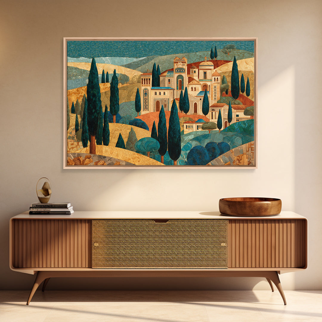 Tuscan Hillside with Cypress Trees and Golden Canvas Print, Italian Villa Art, Farmhouse Wall Art, Living Room Decor, Villa, IVA-3x2-77