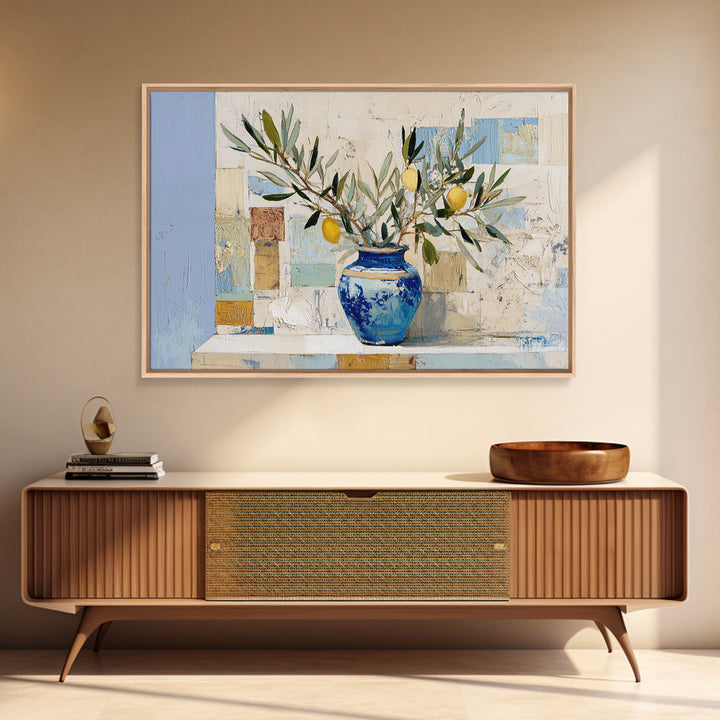 Lemon Branch in Blue Ceramic Vase Framed Canvas Print, Italian Villa Art, Bedroom Wall Art, Living Room Decor, Watercolor Art, IVA-3x2-78