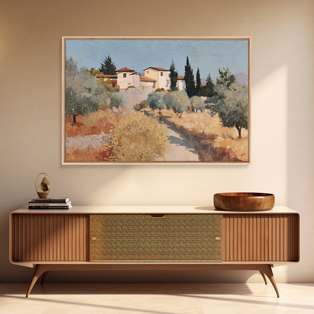 Olive Grove Path Framed Canvas Print, Italian Villa Art, Oil Painting, Living Room Decor, Watercolor Art, Villa, IVA-3x2-79