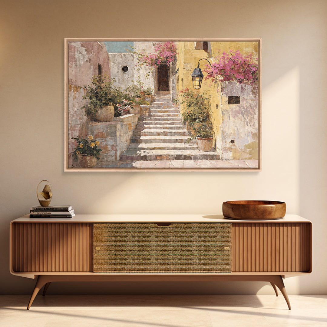 Sunlit Stone Stairway Framed Canvas Print, Italian Villa Art, Bedroom Wall Art, Living Room Decor, Villa, Travel Poster, IVA-3x2-87