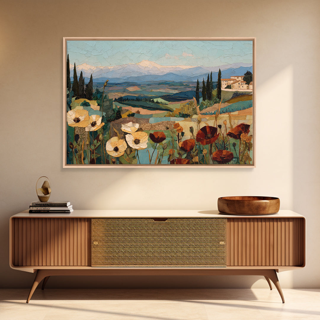 Tuscan Poppy Field Framed Canvas Print, Italian Villa Art, Travel Poster, Living Room Decor, Oil Painting, Villa, IVA-3x2-91