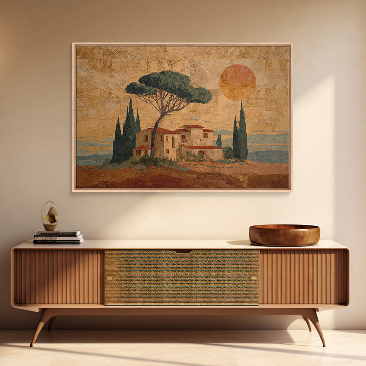 Cypress Silhouette at Sunset Framed Canvas Print, Italian Villa Art, Landscape Painting, Living Room Decor, Watercolor Art, IVA-3x2-97