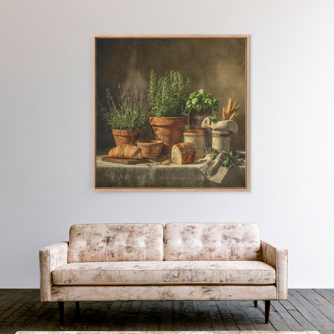 Fresh Herbs in Terracotta Pots Framed Canvas Print, Kitchen Art, Coffee Wall Art, Kitchen Decor, Fine Art, Kitchen, Room Decor, KIT-1x1-1