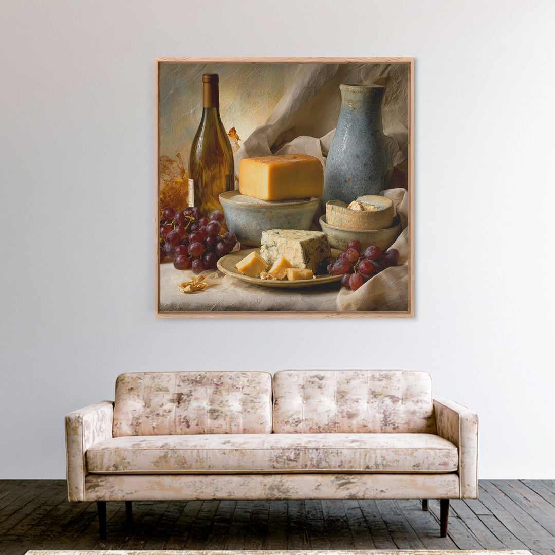 Wine Bottle Grapes and Cheese Still Life Framed Canvas Print, Kitchen Art, Kitchen, Kitchen Decor, Fine Art, Kitchen, KIT-1x1-12