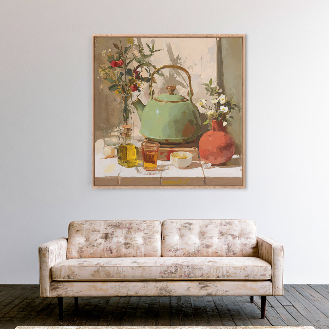 Tea Kettle with Steam and Wildflowers Canvas Print, Kitchen Art, Coffee Art, Kitchen Decor, Fine Art, Kitchen, Fine Art Print, KIT-1x1-14
