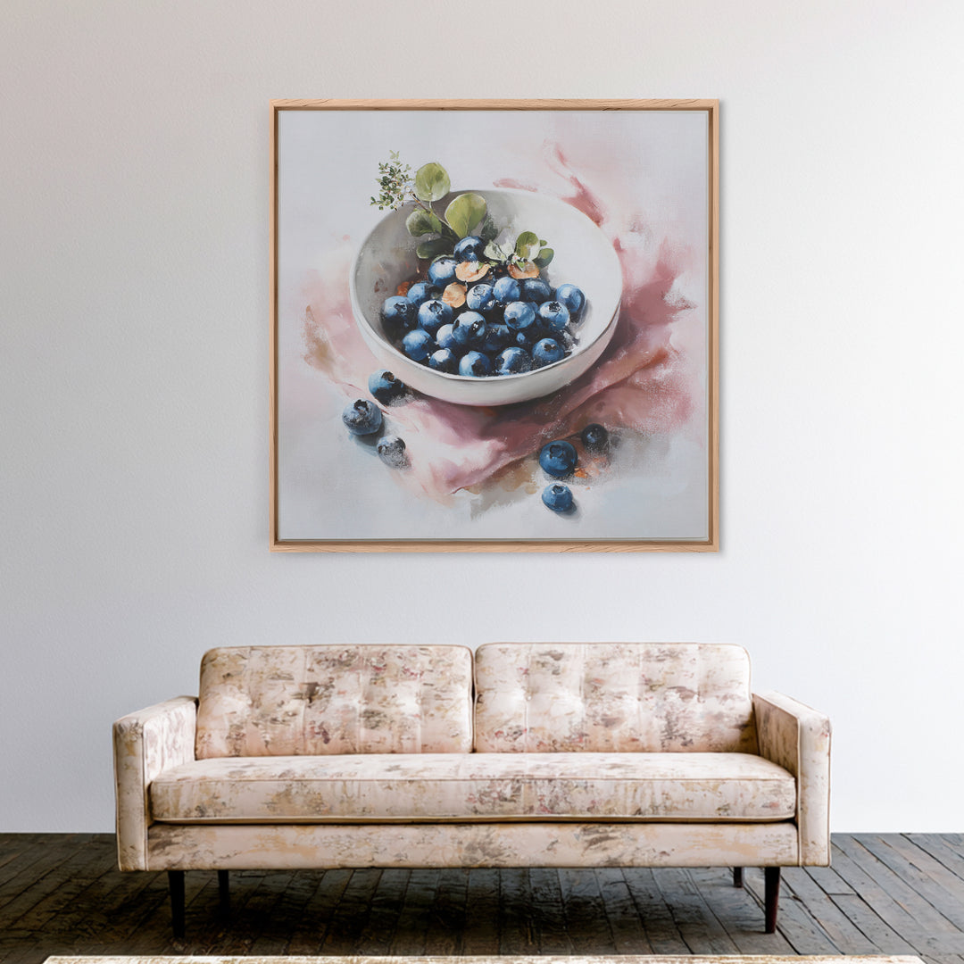 Blueberries in a White Bowl Canvas Print, Kitchen Art, Digital Print, Kitchen Decor, Watercolor Art, Kitchen, Kitchen Print, KIT-1x1-19