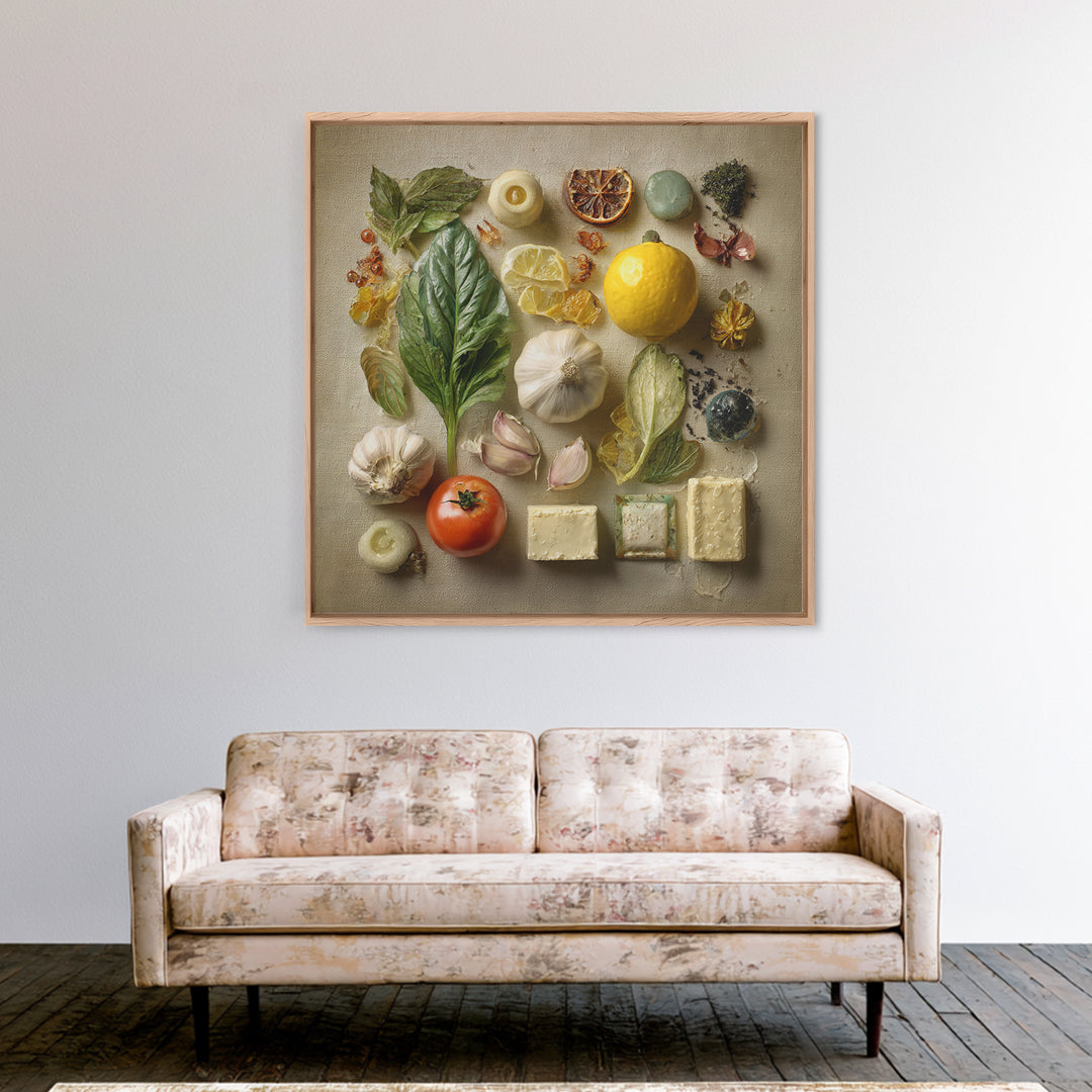 Tomatoes Garlic and Basil on Linen Canvas Print, Kitchen Art, Digital Wall Art, Kitchen Decor, Kitchen, Kitchen Prints, KIT-1x1-3