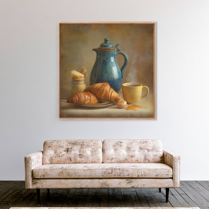 Coffee Pot and Croissant Morning Still Life Canvas Print, Kitchen Art, Kitchen Decor, Fine Art, Kitchen, Kitchen Art Print, KIT-1x1-31