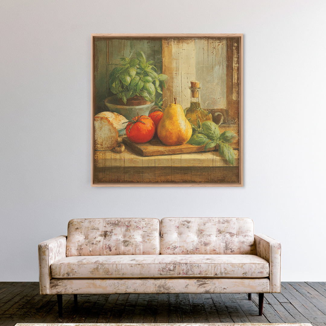 Farmhouse Pears on a Wooden Board Framed Canvas Print, Kitchen Art, Statement Artwork, Kitchen Decor, Abstract Art, Kitchen, KIT-1x1-33