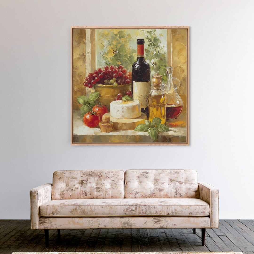 Wine Bottle Grapes and Cheese Still Life Canvas Print, Kitchen Art, Printable Wall Art, Kitchen Decor, Watercolor Art, Kitchen, KIT-1x1-36