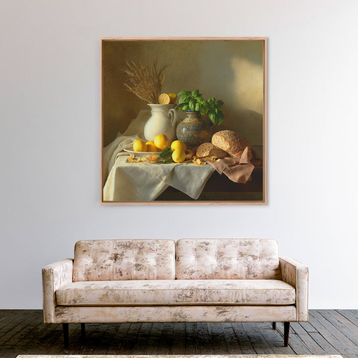 Pasta Lemons and Basil Mediterranean Still Life Framed Canvas Print, Kitchen Art, Gallery Decor, Kitchen Decor, Kitchen, KIT-1x1-41
