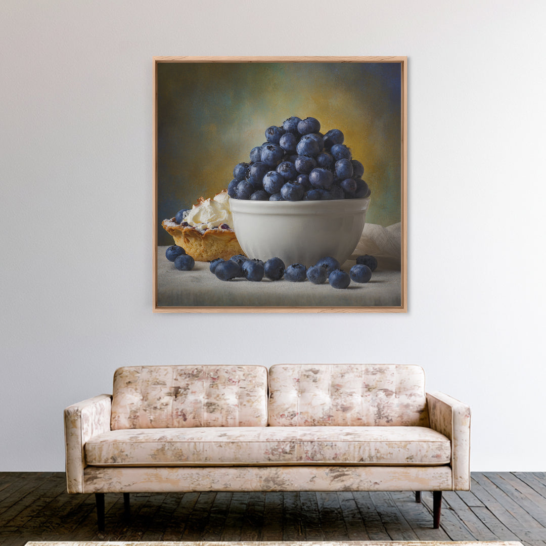 Blueberries in a White Bowl Framed Canvas Print, Kitchen Art, Modern Art, Kitchen Decor, Oil Painting, Kitchen, Neutral Decor, KIT-1x1-43