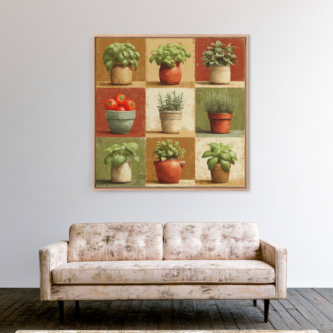 Fresh Herbs in Terracotta Pots Canvas Print, Kitchen Art, Modern Decor, Kitchen Decor, Fine Art, Kitchen, Home Decor, KIT-1x1-49