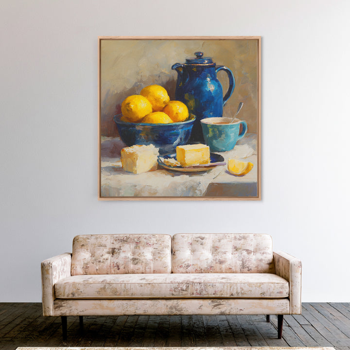 Lemons and Blue Ceramic Bowl Still Life Canvas Print, Kitchen Art, Trendy Wall Art, Kitchen Decor, Fine Art, Kitchen, KIT-1x1-50