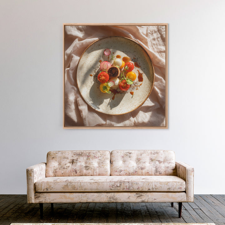 Tomatoes Garlic and Basil on Linen Framed Canvas Print, Kitchen Art, Coffee Wall Art, Kitchen Decor, Abstract Art, Kitchen, KIT-1x1-51