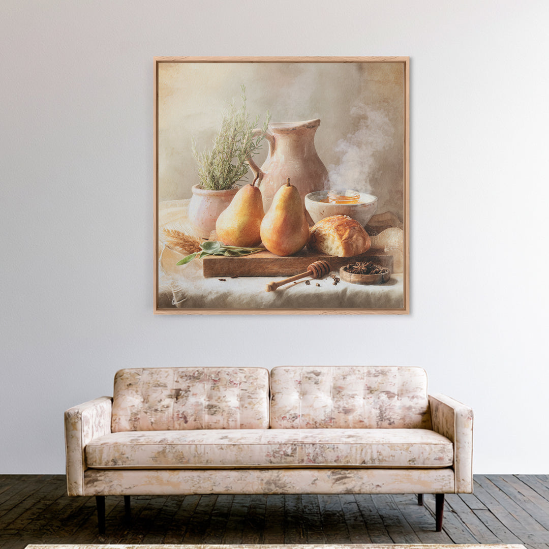 Farmhouse Pears on a Wooden Board Framed Canvas Print, Kitchen Art, Statement Artwork, Kitchen Decor, Abstract Art, Kitchen, KIT-1x1-57