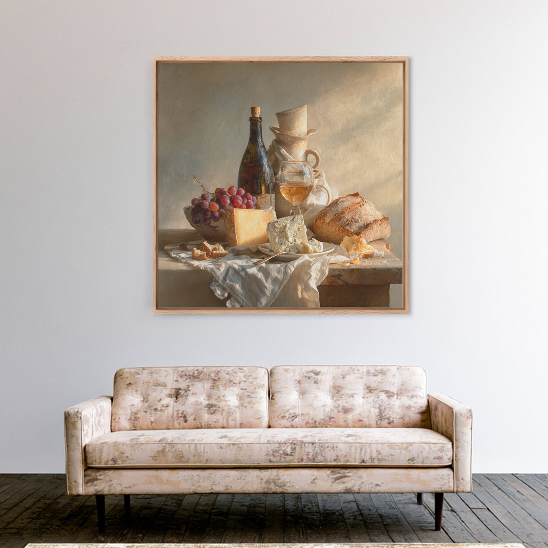 Wine Bottle Grapes and Cheese Still Life Canvas Print, Kitchen Art, Minimalist Wall Art, Kitchen Decor, Fine Art, Kitchen, KIT-1x1-60
