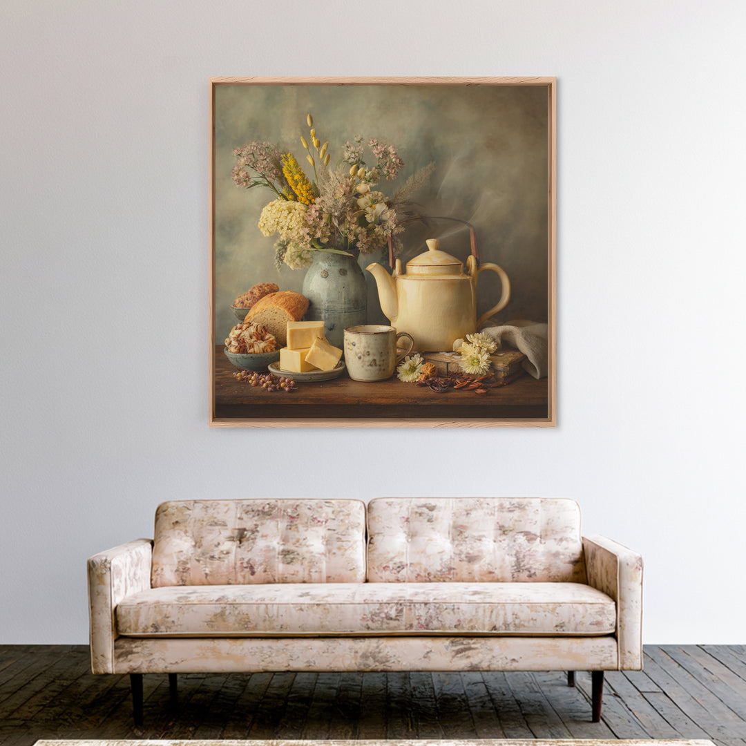 Tea Kettle with Steam and Wildflowers Framed Canvas Print, Kitchen Art, Coffee Wall Art, Kitchen Decor, Fine Art, Kitchen, KIT-1x1-62