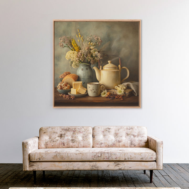 Tea Kettle with Steam and Wildflowers Framed Canvas Print, Kitchen Art, Coffee Wall Art, Kitchen Decor, Fine Art, Kitchen, KIT-1x1-62