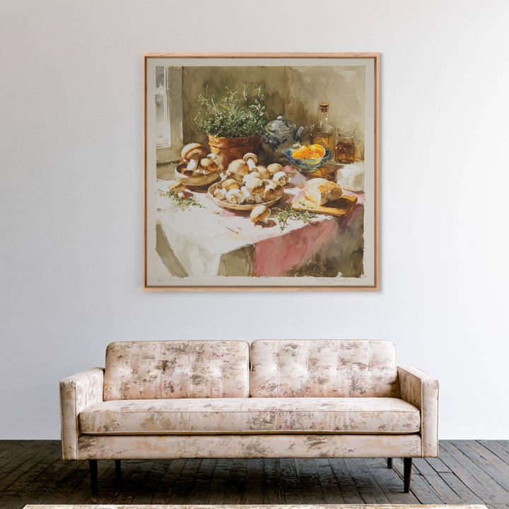 Mushrooms and Thyme Botanical Study Framed Canvas Print, Kitchen Art, Bar Cart Decor, Kitchen Decor, Oil Painting, Kitchen, KIT-1x1-63