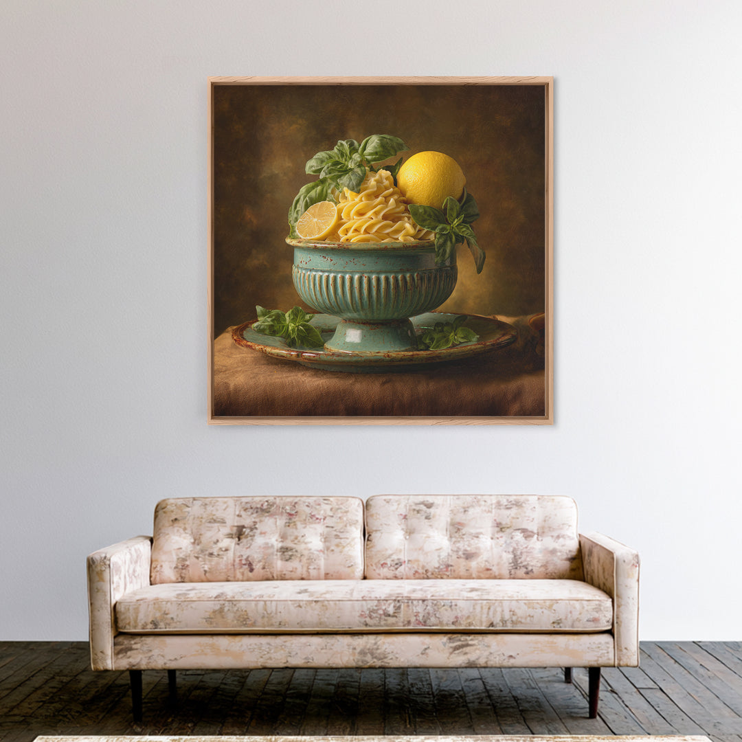 Pasta Lemons and Basil Mediterranean Still Life Framed Canvas Print, Kitchen Art, Gallery Decor, Kitchen Decor, Kitchen, KIT-1x1-65