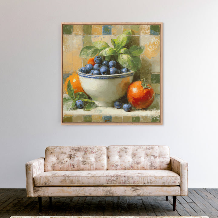 Blueberries in a White Bowl Framed Canvas Print, Kitchen Art, Gallery Decor, Kitchen Decor, Fine Art, Kitchen, Contemporary Art, KIT-1x1-67