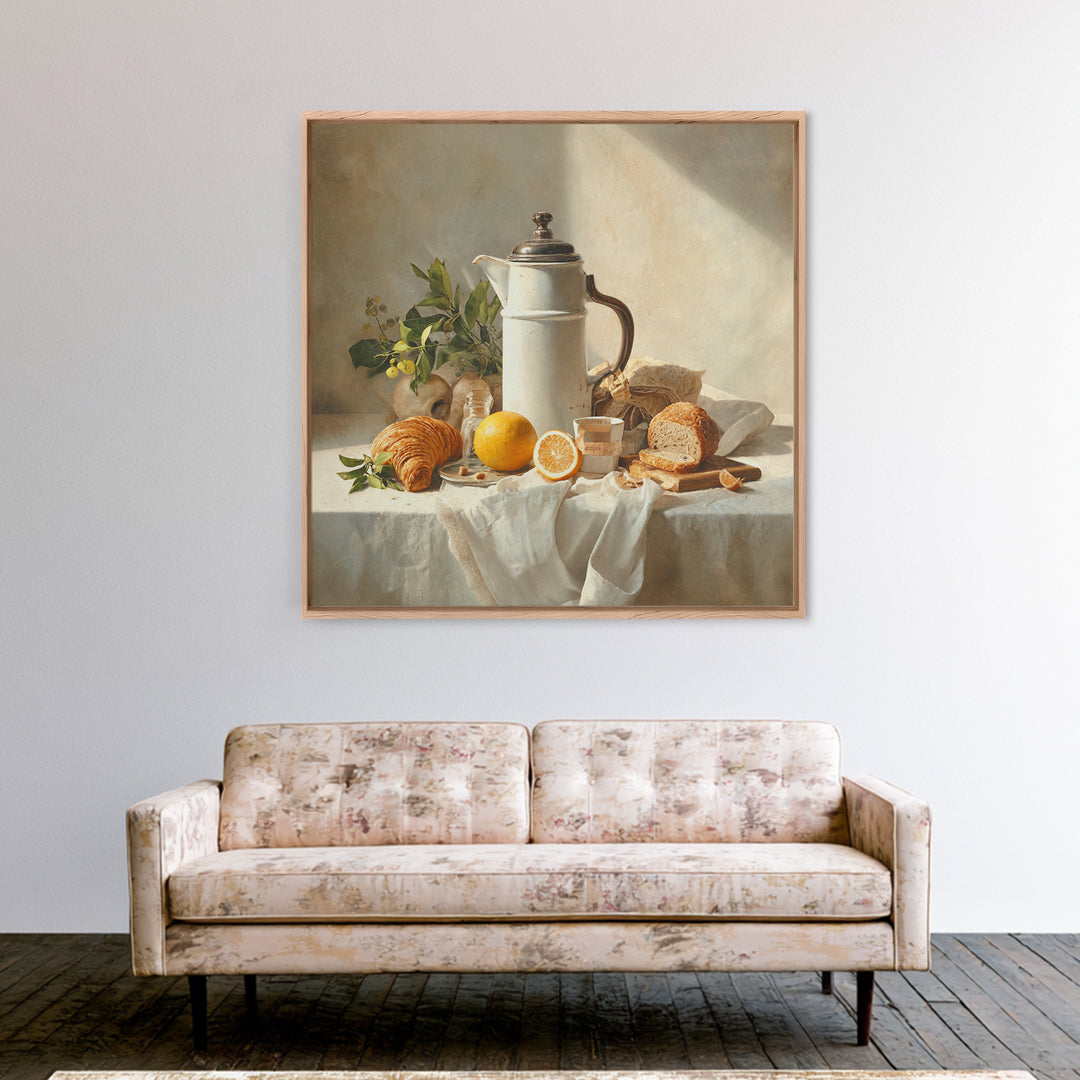 Coffee Pot and Croissant Morning Still Life Framed Canvas Print, Kitchen Art, Art Deco, Kitchen Decor, Fine Art, Kitchen, KIT-1x1-7