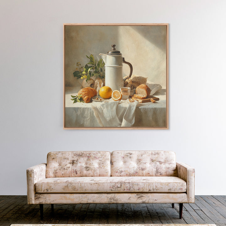 Coffee Pot and Croissant Morning Still Life Framed Canvas Print, Kitchen Art, Art Deco, Kitchen Decor, Fine Art, Kitchen, KIT-1x1-7