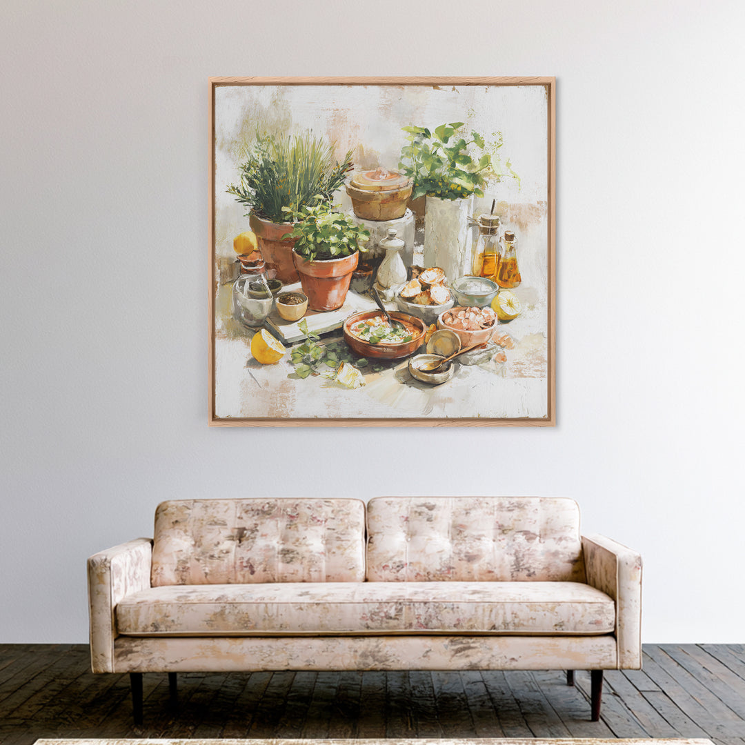 Fresh Herbs in Terracotta Pots Framed Canvas Print, Kitchen Art, Art Print, Kitchen Decor, Watercolor Art, Kitchen, Art Prints, KIT-1x1-73