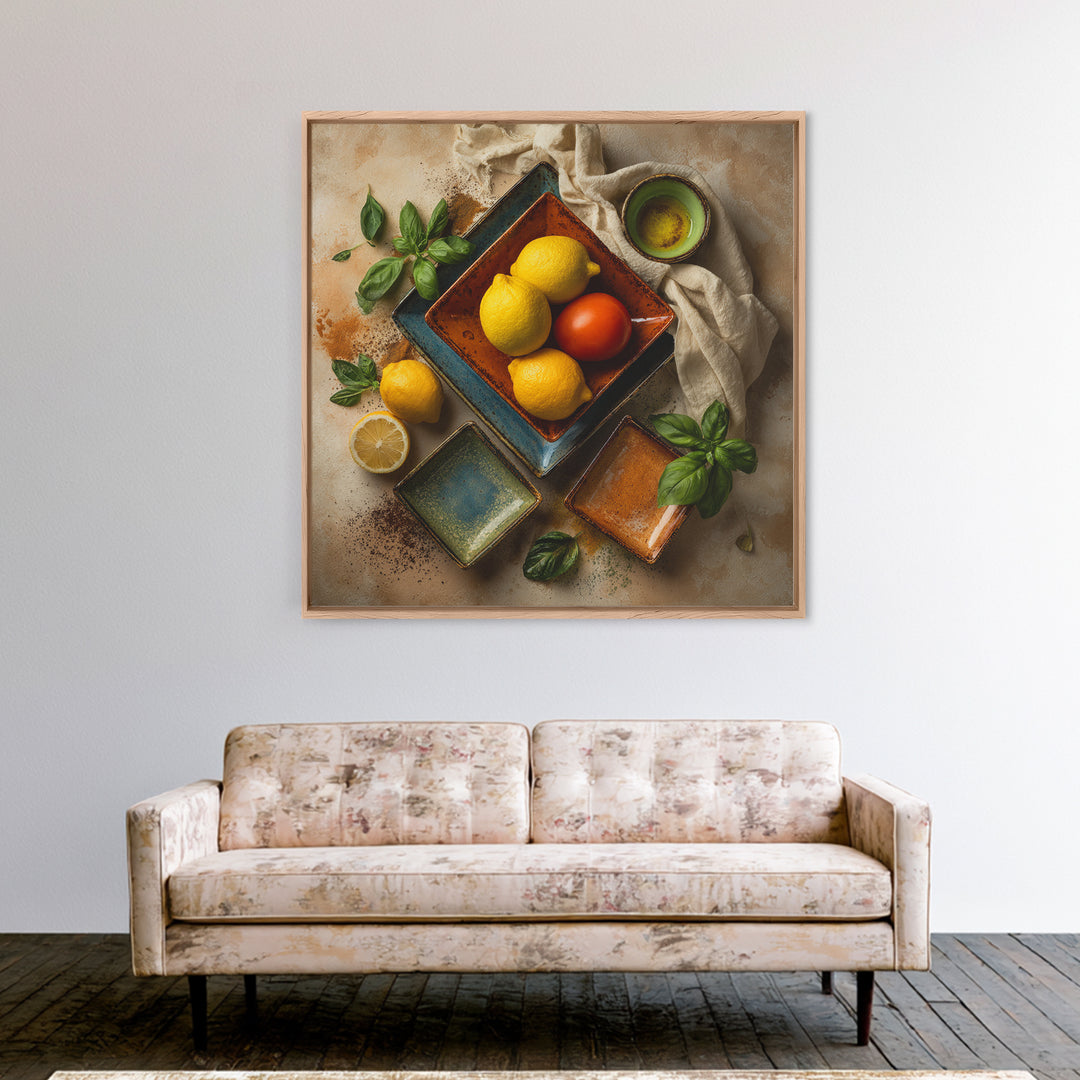 Lemons and Blue Ceramic Bowl Still Life Framed Canvas Print, Kitchen Art, Bar Cart Decor, Kitchen Decor, Fine Art, Kitchen, KIT-1x1-74
