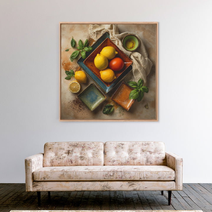 Lemons and Blue Ceramic Bowl Still Life Framed Canvas Print, Kitchen Art, Bar Cart Decor, Kitchen Decor, Fine Art, Kitchen, KIT-1x1-74