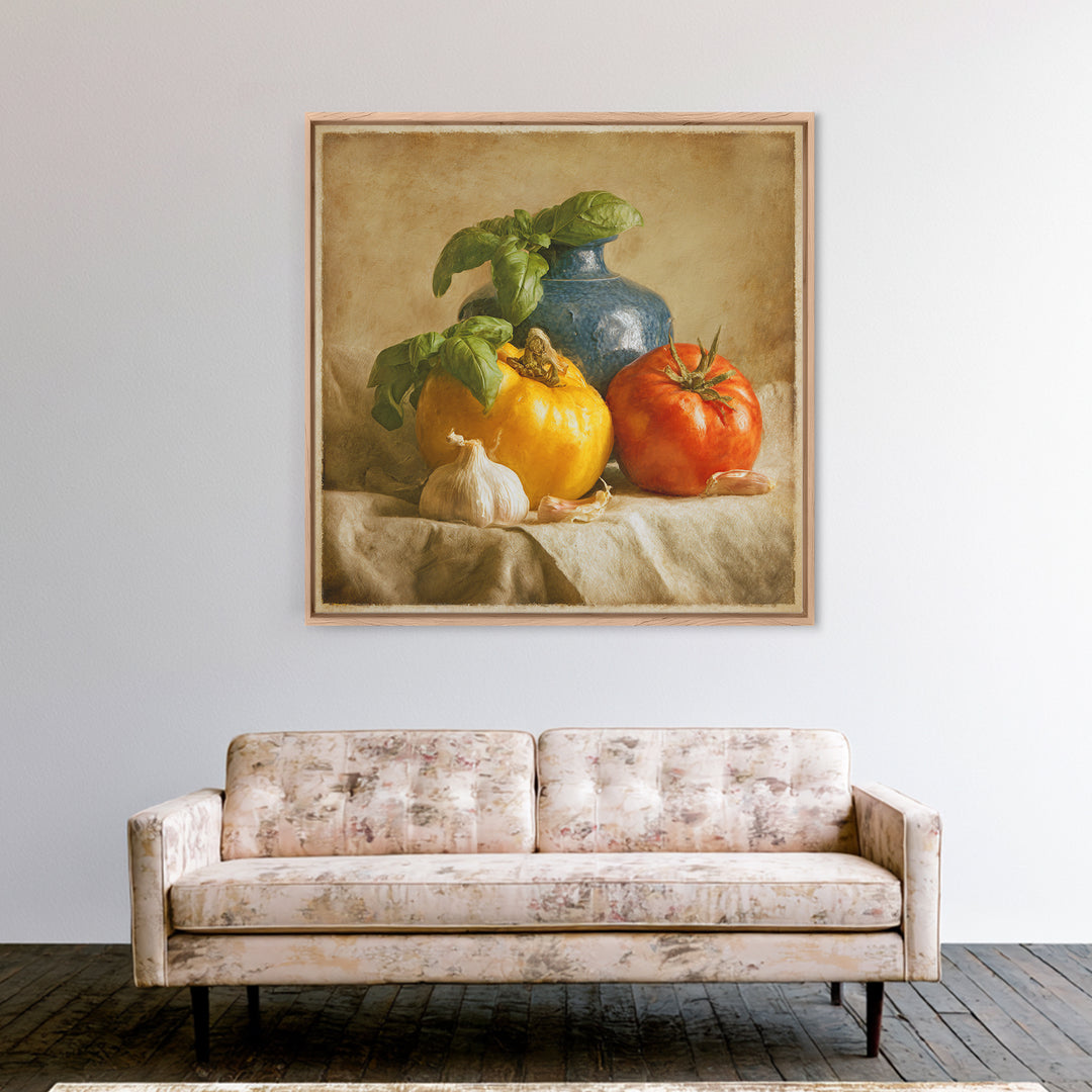 Tomatoes Garlic and Basil on Linen Canvas Print, Kitchen Art, Modern Decor, Kitchen Decor, Abstract Art, Kitchen, Home Decor, KIT-1x1-75