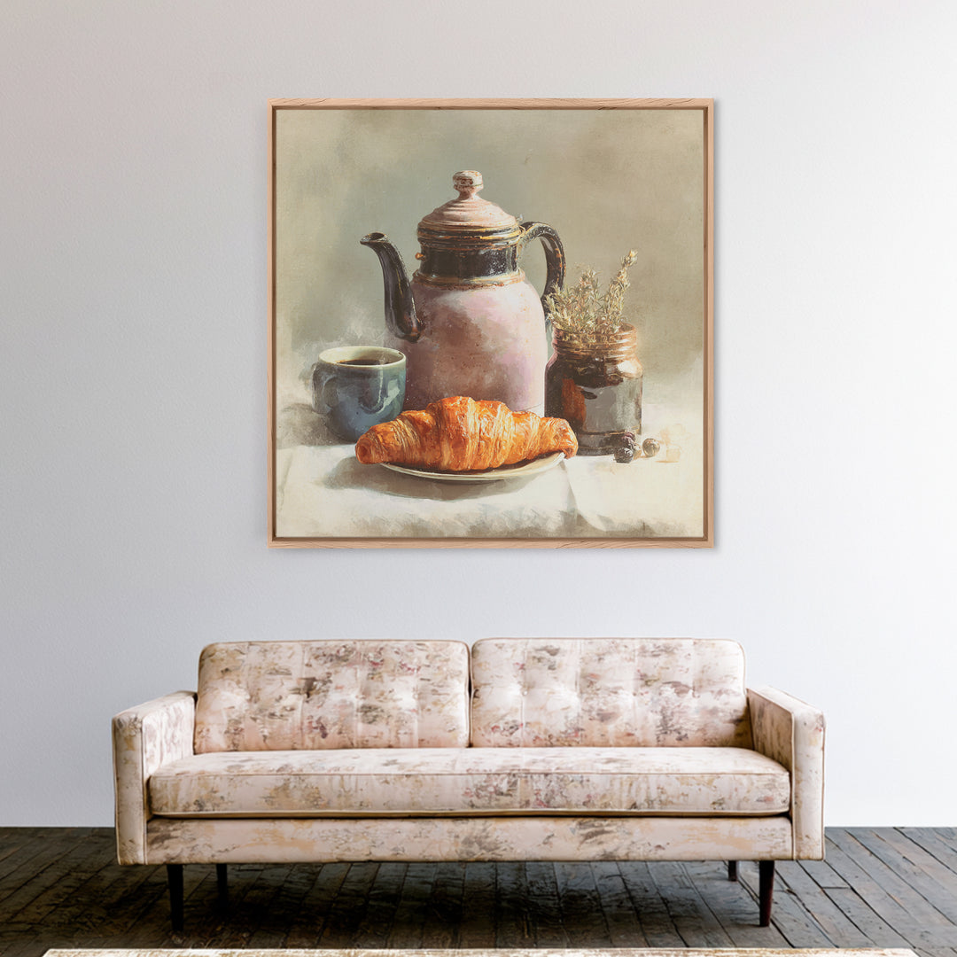 Coffee Pot and Croissant Morning Still Life Framed Canvas Print, Kitchen Art, Fine Art Print, Kitchen Decor, Oil Painting, KIT-1x1-79