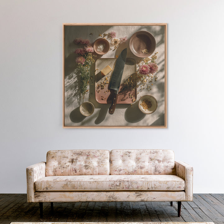 Chef Knives and Herbs Arranged as Graphic Canvas Print, Kitchen Art, Neutral Decor, Kitchen Decor, Oil Painting, Kitchen, KIT-1x1-82