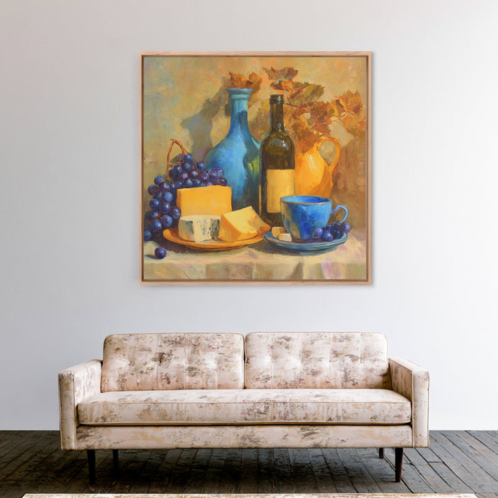 Wine Bottle Grapes and Cheese Still Life Framed Canvas Print, Kitchen Art, Kitchen Print, Kitchen Decor, Abstract Art, Kitchen, KIT-1x1-84